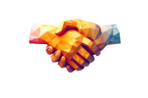 Low poly art of a colorful handshake representing partnership, agreement, and collaboration on an isolated transparent background. png