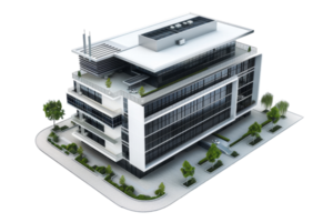 Modern multi-story office building with sleek design, large windows, green surroundings, and rooftop solar panels on transparent background. png
