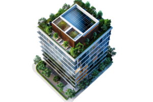 Modern eco-friendly building with rooftop garden and solar panels, showcasing sustainable architecture in an urban environment. png