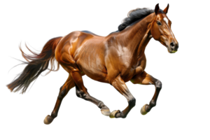Dynamic image of a powerful brown horse running with grace, depicting strength and freedom, perfect for equestrian themes and nature projects. png