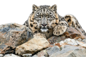 Snow leopard lying on rocky terrain, blending with surroundings, showcasing its camouflaging ability in the wild. png