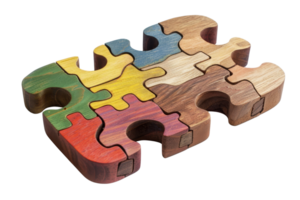 Wooden puzzle pieces interlocked together, showing various colors and textures. Concept of problem-solving and teamwork. png