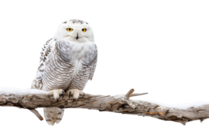 Snowy owl perched on a snowy branch displaying its beautiful white feathers and striking yellow eyes. png