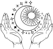 Mystical celestial crescent moon between woman hands vector