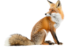 A beautiful red fox sitting and looking to the side, showcasing its thick, fluffy tail and vibrant fur against a transparent background. png