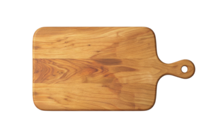 Top view of a wooden cutting board with a handle, ideal for kitchen use or serving food. Smooth texture and natural wood grain design. png