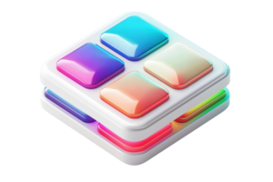 3D illustration of colorful app icons in a futuristic style, symbolizing modern technology and user interface design. png