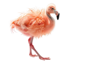 A vibrant image of a pink flamingo chick walking with fluffy feathers displayed against a transparent background. in high resolution. png
