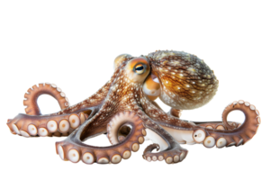 A close-up image of a colorful octopus with detailed textures, showcasing its tentacles and natural beauty against a transparent background. png