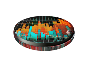 3D data visualization graph showing fluctuating market trends in various vibrant colors, depicting financial analytics and statistics. png