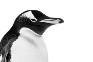 Close-up of a Gentoo penguin in profile view, showcasing the detailed black and white feather pattern against a transparent background. png