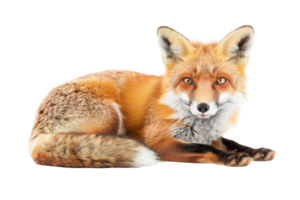 Close-up image of a red fox lying down with a transparent background. displaying its vibrant fur and alert expression. png