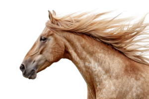 Close-up of a beautiful brown horse with flowing mane isolated on transparent background. Perfect for equestrian themes and animal-related projects. png
