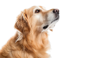 Close-up of a golden retriever looking upwards on a transparent background. Ideal for pet-related content and advertising. png