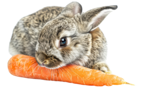 Adorable gray rabbit resting with a large carrot, showcasing a cute and playful scene perfect for children's content and animal illustrations. png