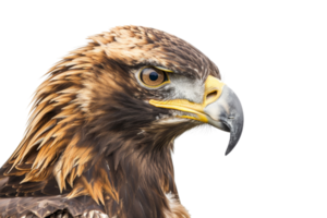 Close-up of a majestic eagle head with sharp eyes and detailed plumage against a transparent background. Perfect for wildlife and bird themed designs. png
