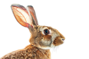Close-up photo of a rabbit with large, detailed ear and whiskers, isolated on transparent background. Perfect for wildlife and nature themes. png
