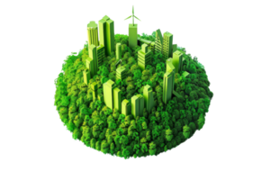 Eco-friendly city concept with modern green buildings surrounded by abundant forests, emphasizing sustainable urban development. png