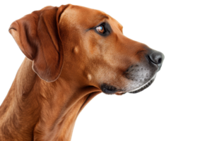 Close-up profile shot of a brown dog with focused eyes, isolated on a transparent background. showcasing its expressive features and sleek fur. png