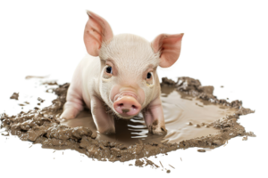 Cute piglet standing in muddy puddle looking forward. Adorable young pink pig covered in mud isolated on transparent background. png