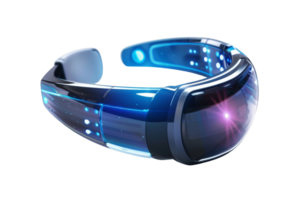 Futuristic smart glasses with a sleek design, glowing with blue light, representing cutting-edge wearable technology and augmented reality. png