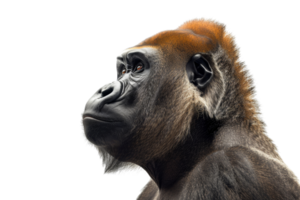Close-up side view of a majestic gorilla with a contemplative expression, showcasing its strong features and detailed fur texture. png