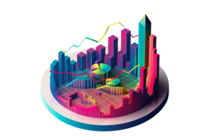 Colorful 3D data visualization chart with various graphs, bars, and lines, depicting business analytics and statistics in a modern style. png