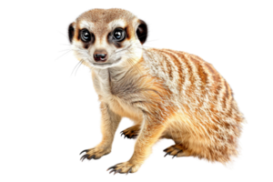 High resolution image of a curious meerkat standing, showcasing its fur details. Isolated on transparent background. png