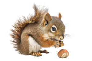 Cute squirrel nibbling on a nut, with detailed fur and expressive eyes, isolated on a transparent background. png