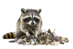 Curious raccoon sifting through trash, highlighting urban wildlife and the impact of human waste on animals. High-resolution stock photo. png