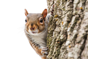 Curious squirrel peeking from behind a tree, capturing the essence of playful wildlife in a natural setting. png