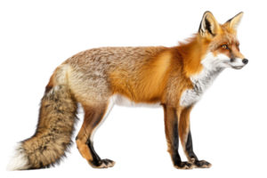High-quality image of a red fox standing in profile, showcasing its detailed fur and natural appearance in a transparent background. png