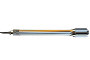 A close-up view of a precision metal screwdriver tool isolated on a transparent background. showcasing its sleek and shiny design. png