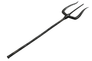 A high-quality image of a black trident with three sharp prongs, perfect for themes related to mythology, fantasy, or weaponry. png