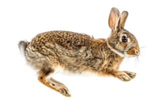 Lively rabbit in mid-hop against a transparent background. showcasing its detailed fur and attentive expression. png