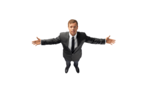 Businessman standing with arms open in a welcoming gesture, wearing a suit and tie, isolated on transparent background. png