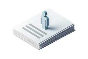3D rendering of a resume with a standing figure on top, representing job search, employment, and career planning. png
