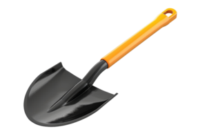 Image of a black shovel with an orange handle isolated on transparent background. Useful for gardening or construction purposes. png