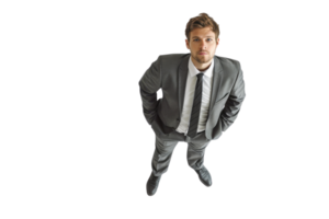 Businessman in a suit looking up, isolated on transparent background. top view, serious expression, professional attire. png