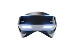 Futuristic virtual reality headset with glowing lights, isolated on a transparent background. ideal for technology and gaming concepts. png