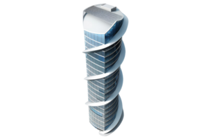 Modern high-rise skyscraper with spiral architectural design, glass facade, and unique rooftop structure. png