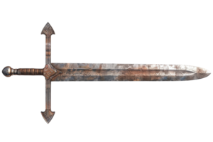 Close-up image of a rustic medieval sword with intricate details and weathered blade, perfect for historical and fantasy-themed projects. png