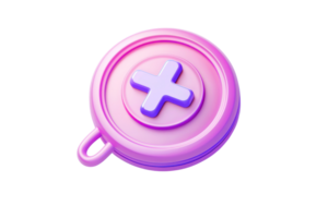 3D rendering of a pink and purple button with a plus symbol, representing a health or medical theme. Vibrant and symbolic digital illustration. png