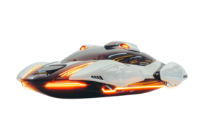 Futuristic hover car with sleek design, glowing orange lights, and advanced technology, isolated on a transparent background. Sci-fi transportation concept. png