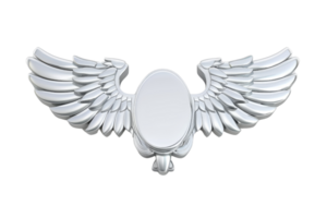 Silver metallic winged emblem with an empty center, symbolizing freedom and elegance. Ideal for logo design, branding, or decorative purposes. png