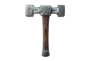 Close-up of a rugged double-sided hammer with a wooden handle, showcasing its age and use, isolated against a transparent background. png