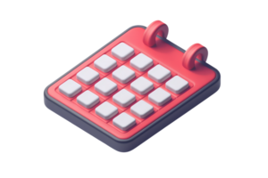 3D rendering of a simple, minimal desk calendar with a red frame and white buttons, isolated on a transparent background. png