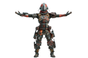 A futuristic warrior clad in advanced armor stands with arms outstretched, ready for battle in a sci-fi setting. png