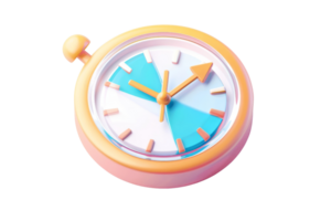 3D illustration of a colorful stopwatch with an orange frame and contrasting blue and white sections, perfect for timing and measurement concepts. png