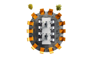 Top view of a modern conference table setup with orange chairs and office supplies, ready for a collaborative meeting. png